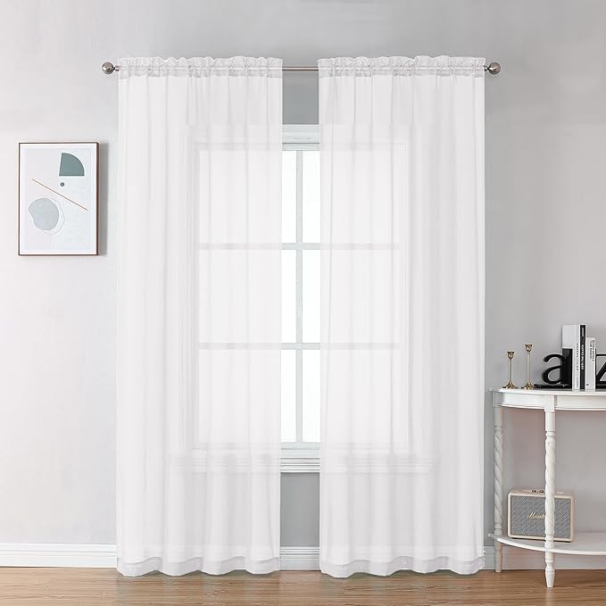 Chyhomenyc Sheer White Curtains 90 inches Long 2 Panels, Light Filtering Soft Airy Solid Elegant Voile Window Treatment Drapes for Bedroom Living Room Wedding Party Decor, 42 Wx90 L Inches
