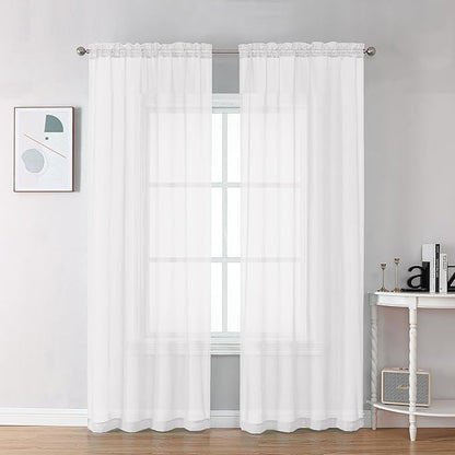 Chyhomenyc Sheer White Curtains 90 inches Long 2 Panels, Light Filtering Soft Airy Solid Elegant Voile Window Treatment Drapes for Bedroom Living Room Wedding Party Decor, 42 Wx90 L Inches