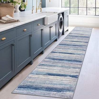 KOZYFLY Modern Abstract Hallway Runner, 2x12 Washable Rug Runner Non-Slip Soft Striped Kitchen Runner Rug, Blue/Grey/Beige Print Carpet for Entryway Bathroom Laundry Room Foyer