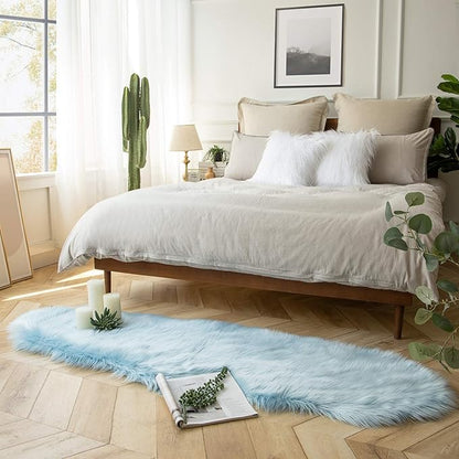 Ashler Faux Fur, Fluffy Shaggy Area Rug Ultra Soft 2 x 6 Feet Sheepskin Fur Rug, Light Blue Fuzzy Rug Machine Washable Shag Rug, Nursery Decor Throw Rugs for Bedroom, Kids Room, Living Room