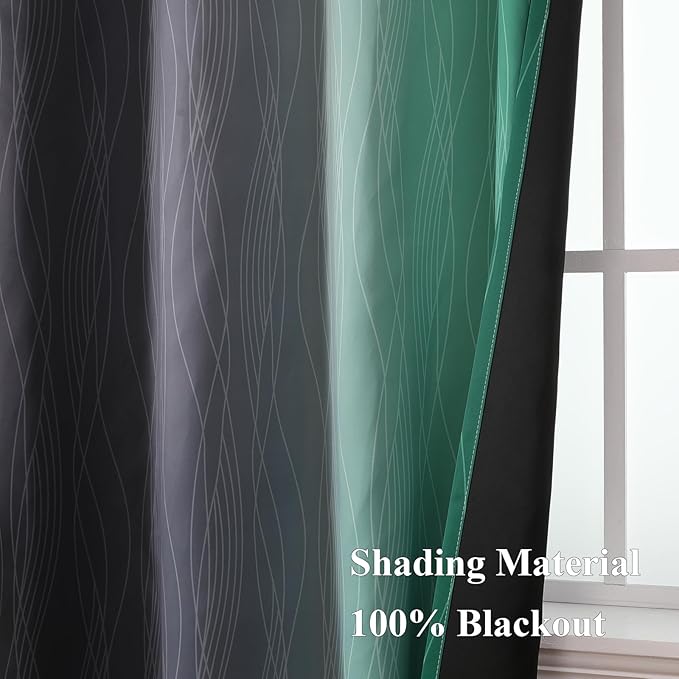 Estelar Textiler Green & Black Ombre Blackout Curtains 96 Inch Length 2 Panels, Light Blocking Thermal Insulated Room Darkening Window Drapes for Bedroom/Living Room, 52x96 Inch