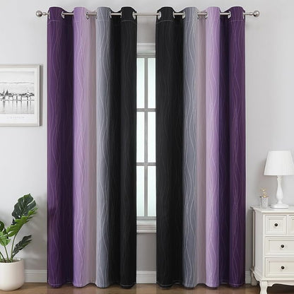 Estelar Textiler Purple and Black Ombre Blackout Curtains 102 Inches Long 2 Panels Set, Thermal Insulated Gradient Drapes for Bedroom, Energy Saving Grommet Curtains for Living Room,52Wx102L