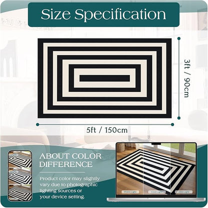 3x5 Modern Entry Rug - Small Washable Indoor Outdoor Mats for Front Door Non-Slip Porch Rug Black White Geometric Striped Throw Rugs for Living Room Bedroom Entryway Kitchen Office Porch Decor