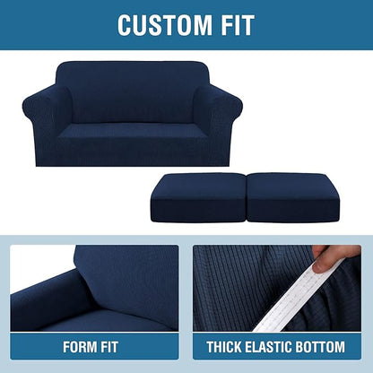 H.VERSAILTEX 3 Piece Stretch Sofa Covers for 2 Cushion Loveseat Couch Covers for Living Room Sofa Slipcovers (Base Cover Plus 2 Seat Cushion Covers) Thicker Jacquard Fabric(Medium Sofa, Navy)