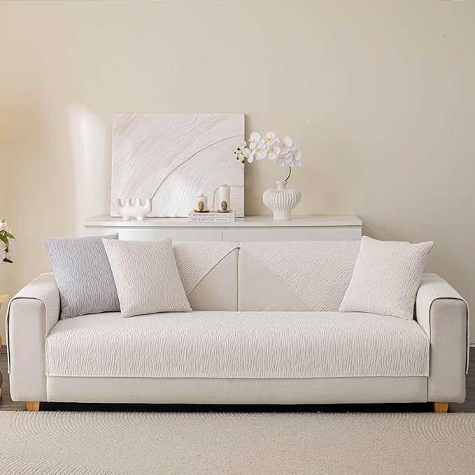 Soft Waterproof Chenille Cover Washable, Non Slip Sectional Sofa Covers for 3 Cushion Couch Sofa L Sharped Sofa Slipcover for Pets, Furniture Protector (1 PCS 36"x94" White)