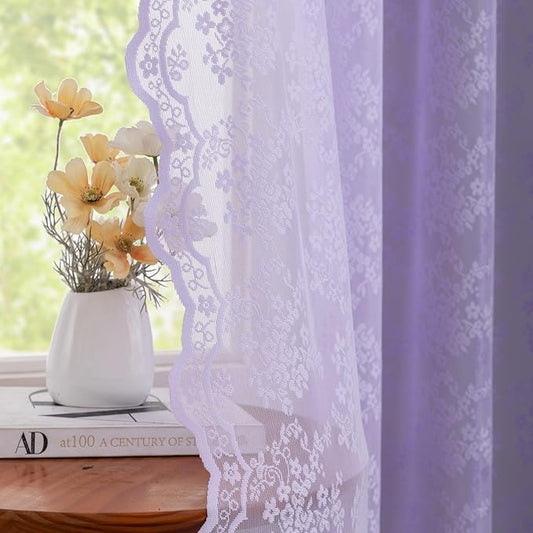 YJ YANJUN Vintage Lace Curtains 63 Inch Length-Victorian Floral Pattern Lavender Sheer Curtain Panels for Living Room Bedroom,Light Filtering, Romantic Girly Drapes 2 Panels 52W x 63L Light Purpel