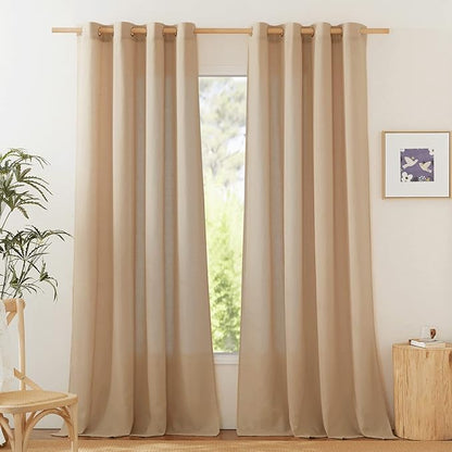NICETOWN Rustic Linen 102 inch Long Curtains for Living Room, Grommet Privacy Added Thick Linen Weave with Light Filter Window Curtains & Drapes for Bedroom, Camel, W55 x L102, 2 Panels