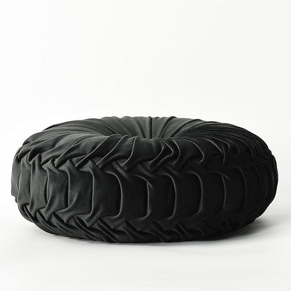 HIG Set of 2 Decorative Round Pleated Throw Pillows, Classy Accent Pumpkin Throw Pillows with Center Button, Vintage Velvet Floor Pillows for Sofa Vanity Chair Bed, Black, 14.5" Diameter(Ripple)