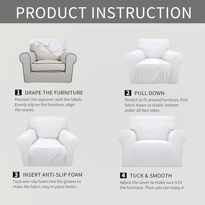 Easy-Going Stretch Oversized Chair Sofa Slipcover 1-Piece Couch Sofa Cover Furniture Protector Soft with Elastic Bottom for Kids Spandex Jacquard Fabric Small Checks Snow White