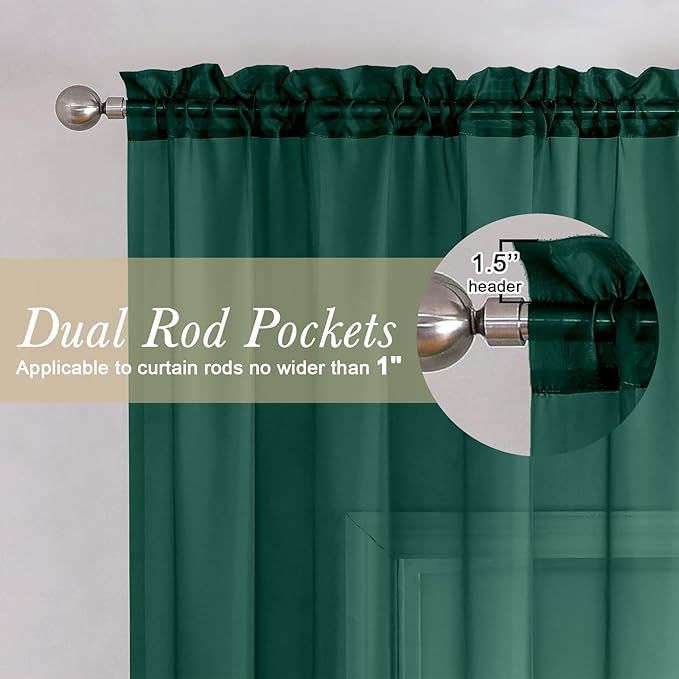 Lecloud Hunter Green Sheer Curtains 54 Inch Length 2 Panels, Voile Light Filtering Curtains with Rod Pocket, Transparent Tulle Drapes for Bedroom Laundry, Each Panel 42 X 54 Inch