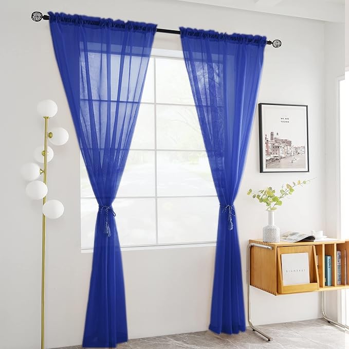 youleyar Solid Sheer Rod Pocket Curtain Voile Draperies 2 Panels White Beige Black Grey Coffee 52 Inch Width 45 Inch Long 1 Pair for Kitchen Bedroom Children Living Room Yard (Sapphire,52Wｘ45L)