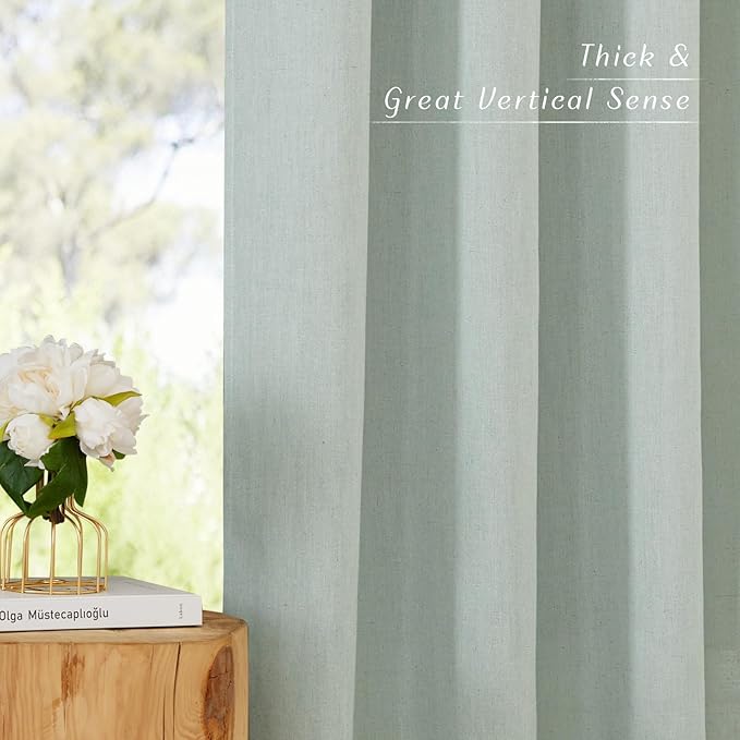 NICETOWN Linen Flax Semi Sheer Curtains 92" Length, Grommet Window Treatments Privacy Added with Light Penetration Vertical Drapes for Loft/Home Office, Sage Green, W55 x L92, 2 Panels