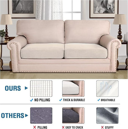H.VERSAILTEX Super Stretch Individual Seat Cushion Covers - Sofa Couch Cushion Slipcover Sets - Thick Jacquard Textured Twill Fabric - Large (2 Piece, Ivory)