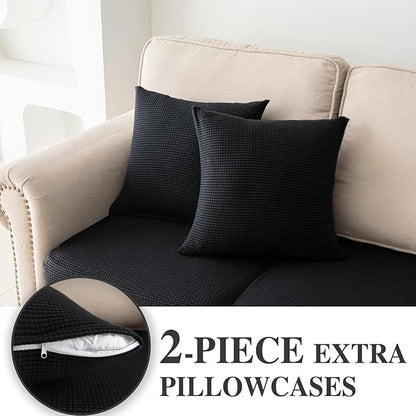 Couch Cushion Covers for Sectional Sofa L Shape Washable Separate Seat Chaise Couch Cover Stretch Sofa Slipcovers with 2 Pcs Pillowcases(2 Seater + 1 Chaise, Black)