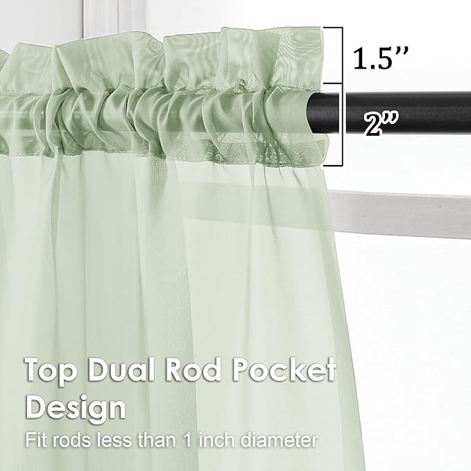 OVZME Light Green Sheer Curtains 63 Inches Long 2 Panels - Soft Light Filtering Window Sheer Panels for Living Room/Bedroom, Top Dual Rod Pocket, 1 Pair, Each 42Wx63L Inches