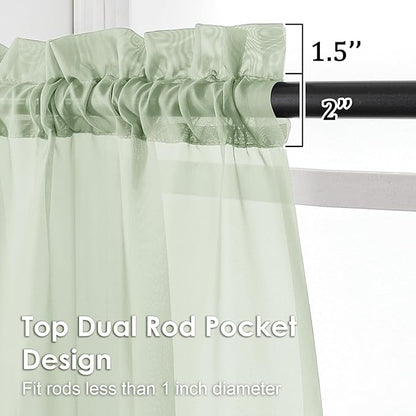 OVZME Light Green Sheer Curtains 63 Inches Long 2 Panels - Soft Light Filtering Window Sheer Panels for Living Room/Bedroom, Top Dual Rod Pocket, 1 Pair, Each 42Wx63L Inches