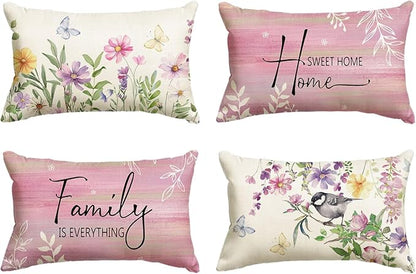 AVOIN colorlife Spring Saying Flowers Butterfly Pink Throw Pillow Covers, 12 x 20 Inch Home Sweet Home Cushion Case for Sofa Couch Set of 4