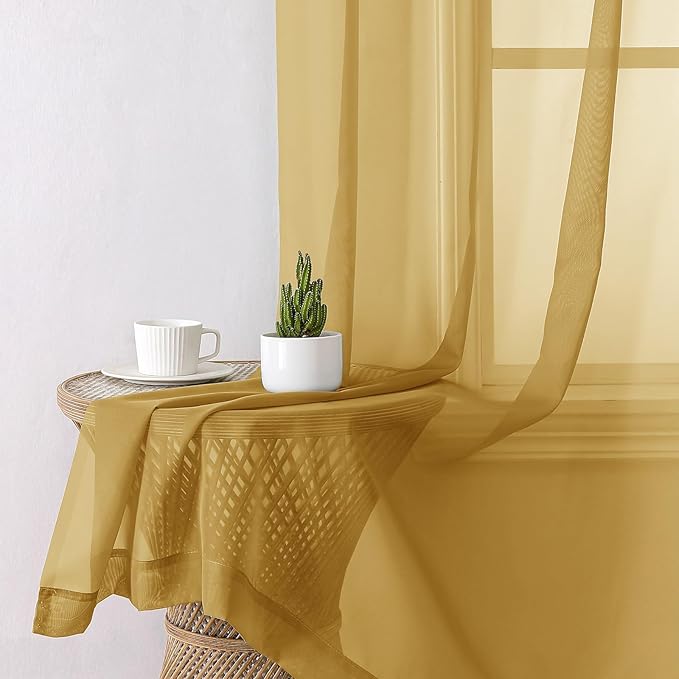 Lecloud Gold Sheer Curtains 96 Inches Long 2 Panels, Breathable Solid Voile Light Filtering Curtain, Lightweight Home Decor Drapes with Rod Pocket for Bedroom Dining Room, Each 42" W x 96" L