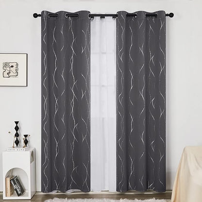 Deconovo Gray Curtains for Living Room, Blackout Drapes, Protect Pravicy Thermal Insulated Soundproof Window Drape, Wave Dots Foil Print, 38 x 90 Inch, Set of 2 Panels for Bedroom Apartment Nursery