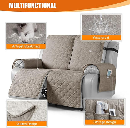 VANSOFY Waterproof Recliner Couch Covers, Sofa Covers 1-Piece Washable Reclining Sofa Cover Non-Slip Furniture Protector with Elastic Straps Pocket for Dogs, Pets(Khaki,Oversized 2 Seater)