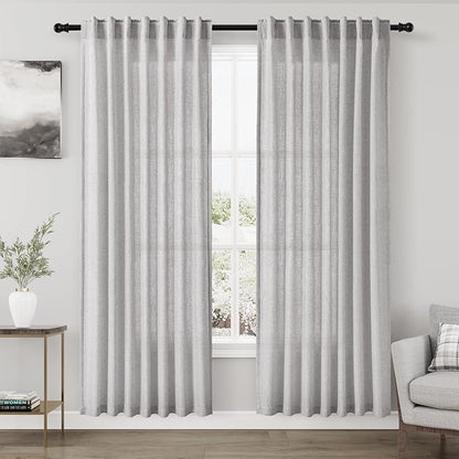 Nanspring Grey Linen Curtains 80 Inches Length for Living Room Back Tab Rod Pocket Semi Sheer Linen Drapes Muted Neutral Boho Grey Linen Textured Window Curtain for Dining Room Bedroom 52X80 Inch