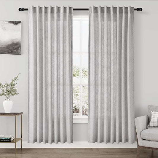 Nanspring Grey Linen Curtains 80 Inches Length for Living Room Back Tab Rod Pocket Semi Sheer Linen Drapes Muted Neutral Boho Grey Linen Textured Window Curtain for Dining Room Bedroom 52X80 Inch