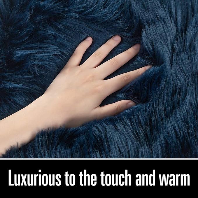 LOCHAS Soft Fluffy Faux Fur Rugs for Bedroom Bedside Rug 3x5 Feet, Washable, Furry Sheepskin Area Rug for Living Room Girls Room, Luxury Shag Carpet Home Decor, Light Navy