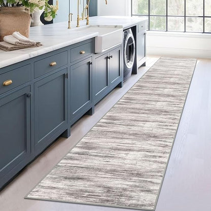 KOZYFLY Modern Abstract Hallway Runner, 2x12 Washable Rug Runner Non-Slip Soft Striped Kitchen Runner Rug, Grey/Light Beige/Brown Print Carpet for Entryway Bathroom