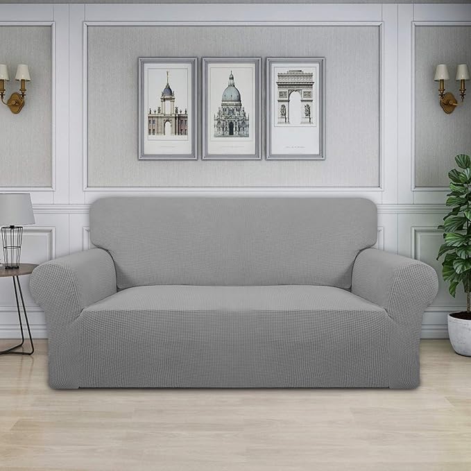 Easy-Going Stretch Oversized Loveseat Slipcover 1-Piece Sofa Cover Furniture Protector Couch Soft with Elastic Bottom for Kids Polyester Spandex Jacquard Fabric Small Checks Light Gray