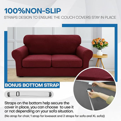 XINEAGE 2026 New 3 Pieces Couch Covers for 2 Extra Large Cushion Sofa Super Stretch Sofa Cover for 2 Large Seat Universal Loveseat Slip Cover for Living Room (Wine Red), 71"-91"(2 Cushions)