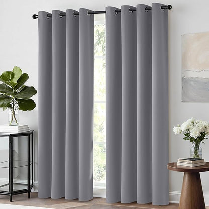 Yakamok Grey Blackout Curtains for Bedroom, Light Blocking Thermal Insulated Grommet Blackout Drapes for Living Room(52W by 45L, Grey, 2 Panels)