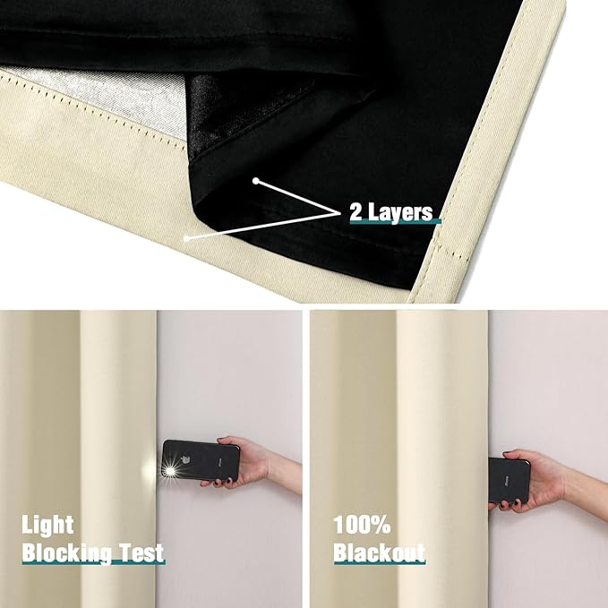 ChrisDowa 100% Blackout Curtains 72 inch Long for Bedroom with Black Liner, 2 Thick Layers Total Blackout Thermal Insulated Grommet Window Curtains 2 Panels Set (Light Beige, 42 x 72 Inch)