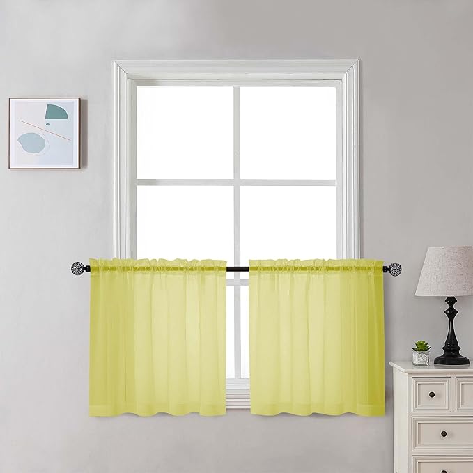 Chyhomenyc Sheer Lemon Tier Curtains 24 Inch Length Set, Small Window Kitchen Curtains for Bathroom Living Room Basement, Farmhouse Short Voile Curtain 42Wx24L, Rod Pocket, 2 PCS