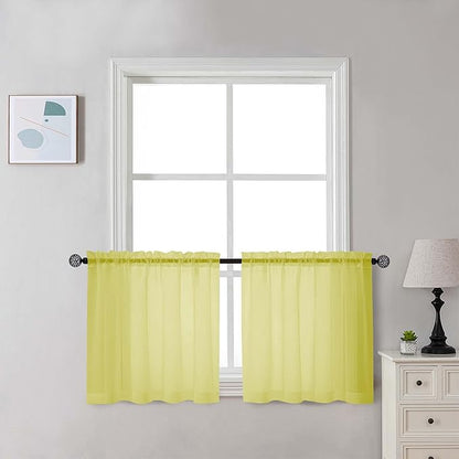 Chyhomenyc Sheer Lemon Tier Curtains 24 Inch Length Set, Small Window Kitchen Curtains for Bathroom Living Room Basement, Farmhouse Short Voile Curtain 42Wx24L, Rod Pocket, 2 PCS