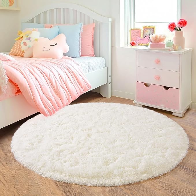 3'x3' Cream Round Rugs for Girls Bedroom, Ultra Soft Fluffy Circle Rug for Kids Room, Cute Small Shag Rugs for Living Room Playroom Tent Castle Home Decor Rug