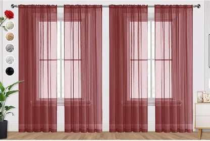 SpaceDresser Burgundy Sheer Curtains 4 Panels Rod Pocket Semi-Sheer Curtain 96 Inches Long Light Filtering Voile Window Drapes for Bedroom Living Room Kitchen, Each 52W x 96L