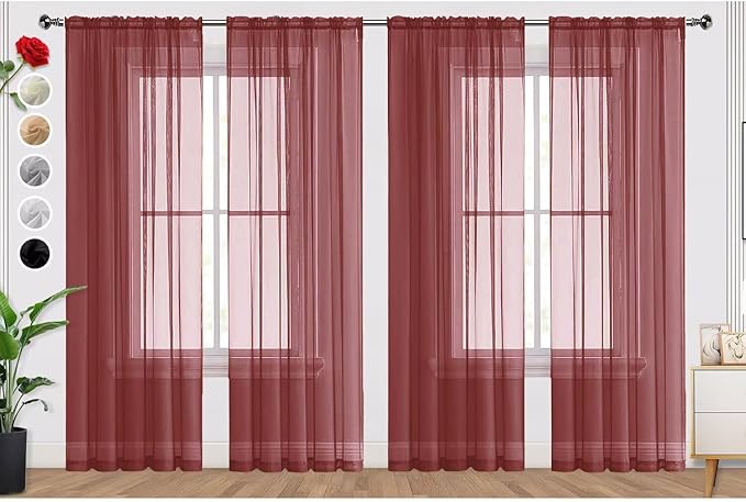 SpaceDresser Burgundy Sheer Curtains 4 Panels Rod Pocket Semi-Sheer Curtain 90 Inches Long Light Filtering Voile Window Drapes for Bedroom Living Room Kitchen, Each 52W x 90L