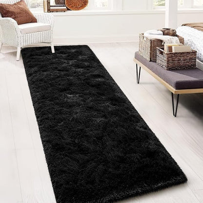 TWINNIS Super Soft Shaggy Runner Rugs Fluffy Carpets, 2x6 Feet, Indoor Modern Plush Area Rugs for Hallway Living Room Bedroom Kitchen Entryway, Upgrade Anti-Skid Rectangular Fuzzy Rug, Black
