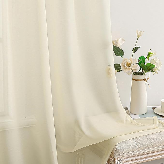 MIULEE Short Sheer Curtains 45 Inches Long, Light Cream Light Filtering Voile Drapes with Rod Pocket for Bathroom Windows, Small Window Treatments, 2 Panels Set