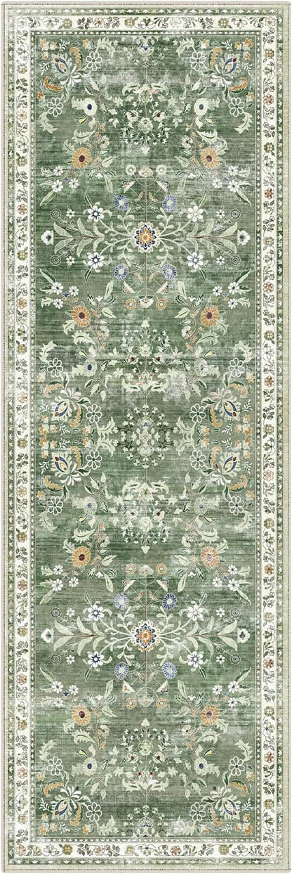 Yamaziot Washable Runner Rug 2x6 – Non Slip Boho Floral Hallway Runner Rug with Rubber Backing, Low Pile Faux Wool Distressed Carpet for Kitchen, Laundry, Bedroom, Entrance, Mottled Green