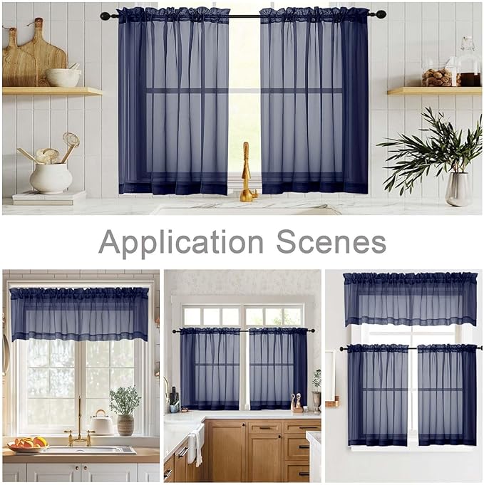 Navy Blue Kitchen Curtains 30 Inch Length Tier 2 PCS, Solid Soft Airy Half Curtains for Windows, Navy Blue Sheer Rod Pocket Drapes for Bathroom Basement Small Window Curtain, 42"Wx30"L Inch