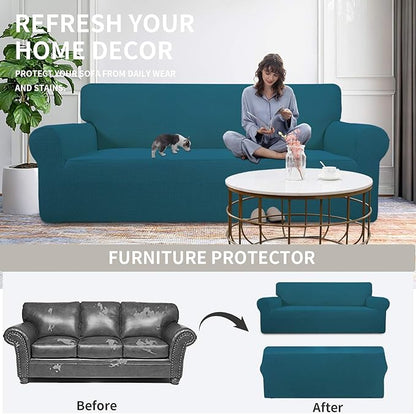 Easy-Going Stretch Oversized Loveseat Slipcover 1-Piece Sofa Cover Furniture Protector Couch Soft with Elastic Bottom for Kids Polyester Spandex Jacquard Fabric Small Checks Peacock Blue