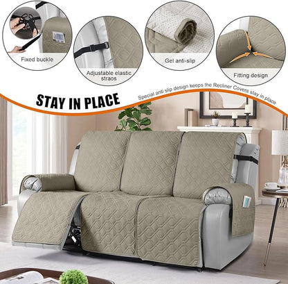 VANSOFY Waterproof Recliner Couch Covers, Sofa Covers 1-Piece Washable Reclining Sofa Cover Non-Slip Furniture Protector with Elastic Straps Pocket for Dogs, Pets(Khaki,3 Seater)