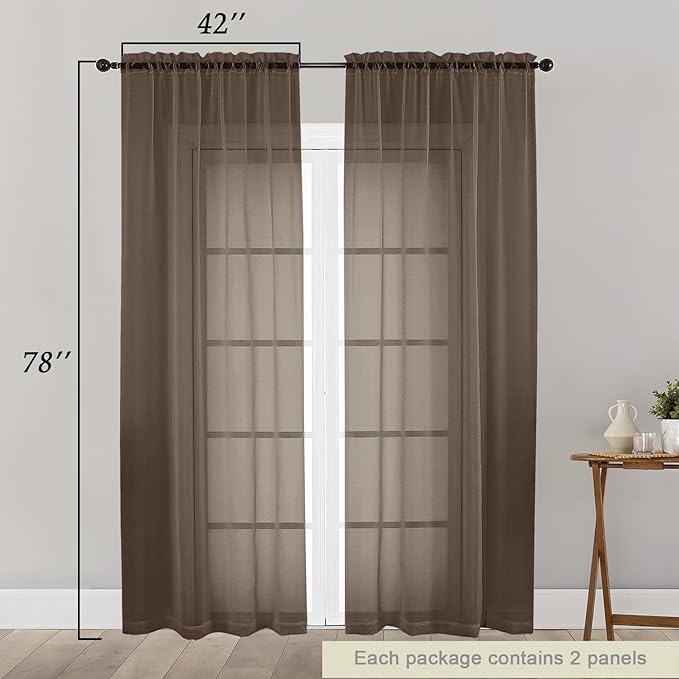 Chocolate Sheer Curtain for Bedroom Living Room 78 Inches Long 2 Panels Set, Solid Soft Airy Light Filtering Sheer Window Curtains, Modern Rod Pocket Door Curtain, 42" Wx78 L Inches