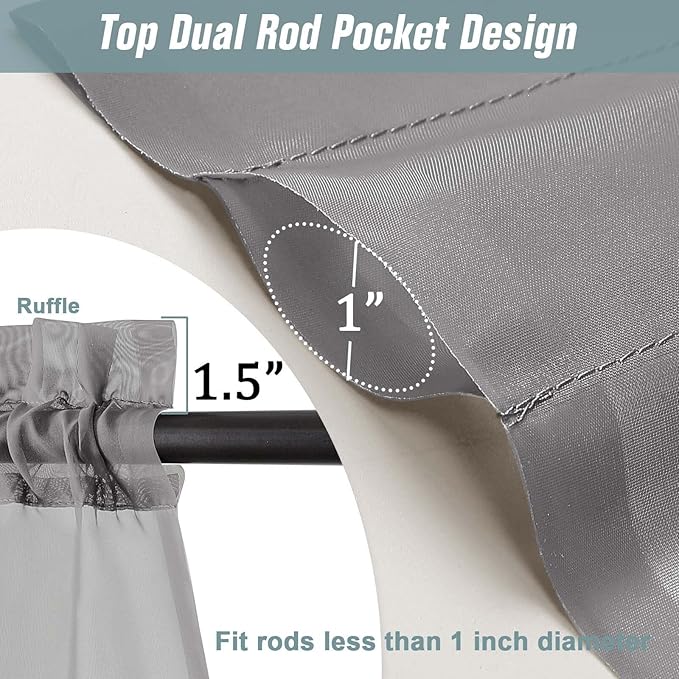 Grey Sheer Curtains for Window 72 inches Long 2 Panels Set, Soft Airy Modern Light Filtering Sheer Curtains for Living Room Bedroom, Dual Rod Pocket Solid Window Drapes, 2x42Wx72L inches