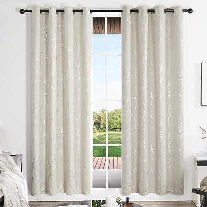 Deconovo Beige Blackout Curtains, Boho Farmhouse Curtain, Thermal Insulated Soundproof Drapes, Silver Branch Print, 52 x 108 Inch Long, Machine Washable Window Panels for Living Room Bedroom, Set of 2