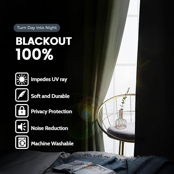 SimpleHome 100% Blackout Curtains for Bedroom,Thermal Insulated Light Sage Grommet Window Drapes Room Darkening Curtains for Living Room with Black Back,52 x 63 Inch,2 Panels