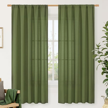 LAMIT Olive Green Linen Curtains for Bedroom, Faux Linen Textured Light Filtering Drapes Rod Pocket Boho Neutral Christmas Panels for Farmhouse/Living Room, 2 Panels, 52 x 72 Inch