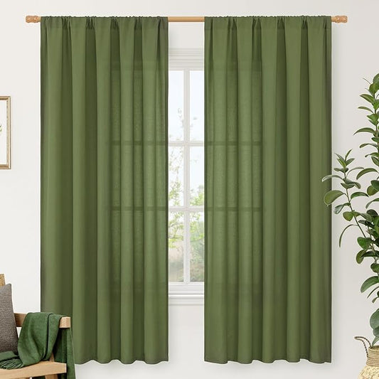 LAMIT Olive Green Linen Curtains for Bedroom, Faux Linen Textured Light Filtering Drapes Rod Pocket Boho Neutral Christmas Panels for Farmhouse/Living Room, 2 Panels, 52 x 72 Inch