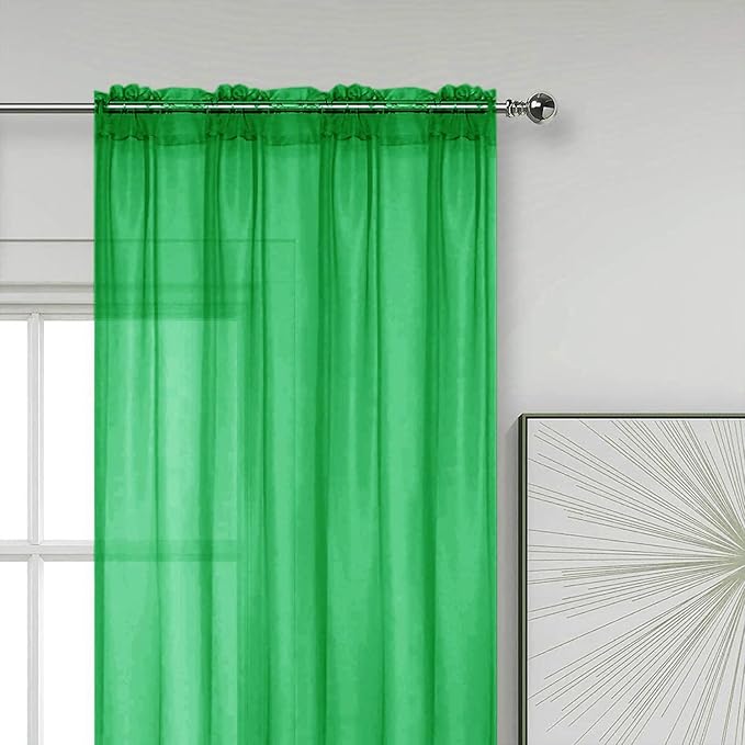 SpaceDresser Sheer Voile Window Treatment Rod Pocket Curtain Panels for Kitchen Bedroom Living Room Drapes Sunlight Filtering Privacy Semi Home Decor Assorted Colors Sizes (Green, 52 W x 72 L)